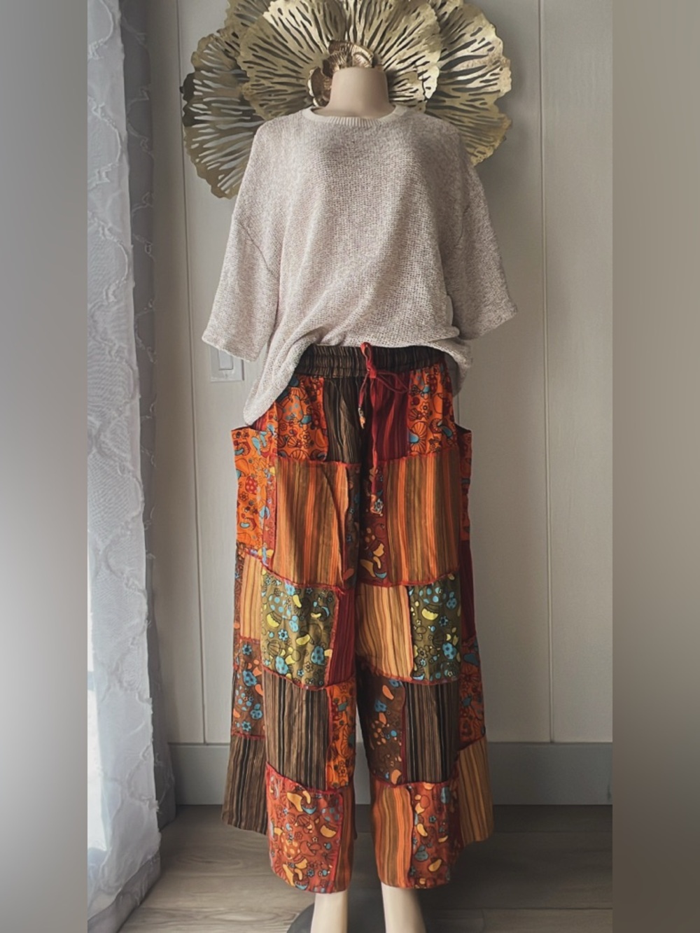 Bohemian Patchwork Wide-Leg Pants - Multi Orange With Mushroom Prints - Picture 4 of 4
